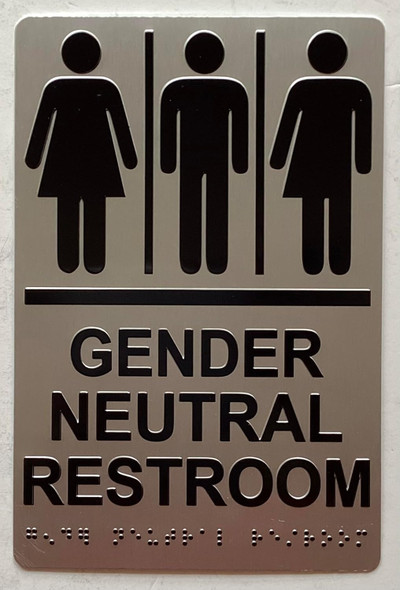 GENDER NEUTRAL RESTROOM SIGNAGE Raised letters, RAISED IMAGE & Grade 2 Braille - Includes Red Adhesive pad for Easy Installation