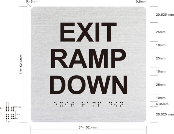 EXIT RAMP DOWN SIGNAGE Raised letters & Grade 2 Braille - Includes Red Adhesive pad for Easy Installation
