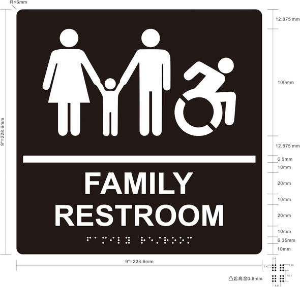 FAMILY RESTROOM SIGNAGE Raised letters & Grade 2 Braille - Includes Red Adhesive pad for Easy Installation