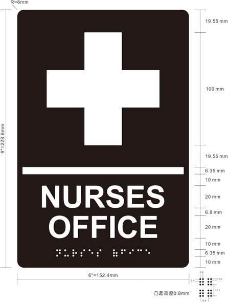 NURSES OFFICE SIGNAGE Raised letters & Grade 2 Braille - Includes Red Adhesive pad for Easy Installation