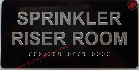 SPRINKLER RISER ROOM sign Raised letters & Grade 2 Braille - Includes Red Adhesive pad for Easy Installation