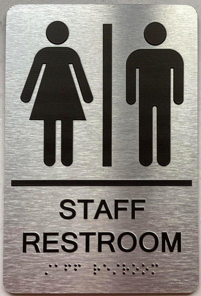 staff Restroom / Unisex ADA Compliant sign with Raised letters/Image & Grade 2 Braille - Includes Red Adhesive pad for Easy Installation staff Restroom / Unisex ADA Compliant sign with Raised letters/Image & Grade 2 Braille - Includes Red Adhesive pad for Easy Installation