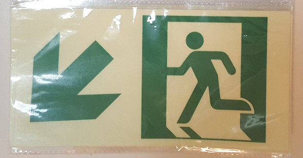 RUNNING MAN DOWN LEFT ARROW EXIT SIGN -Glow-In-The-Dark High Intensity-Adhesive Sign