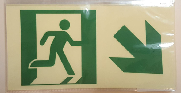 RUNNING MAN DOWN RIGHT ARROW EXIT SIGN -Glow-In-The-Dark High Intensity-Adhesive Sign
