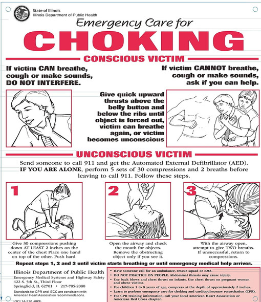 Emergency Care for Choking Poster State of Illinois Sign Emergency Care for Choking Poster State of Illinois Sign