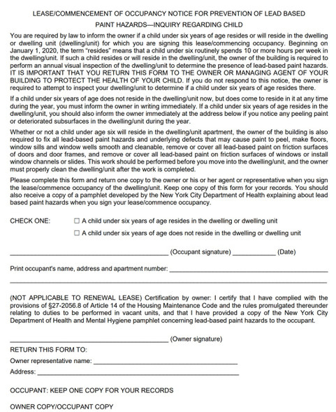 Lease commencement lead-based paint Notice Lease commencement lead-based paint Notice