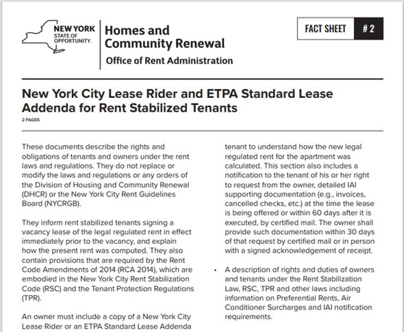 Fact Sheet #2: New York City Lease Rider and ETPA Standard Lease Addenda for Rent Stabilized Tenantsl Signage Fact Sheet #2: New York City Lease Rider and ETPA Standard Lease Addenda for Rent Stabilized Tenantsl Signage