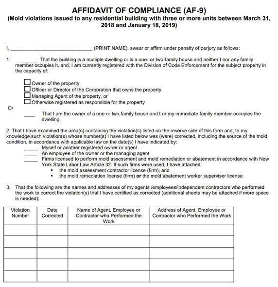 AFFIDAVIT OF COMPLIANCE  HPD NYC FORM AF-9 Signage AFFIDAVIT OF COMPLIANCE  HPD NYC FORM AF-9 Signage