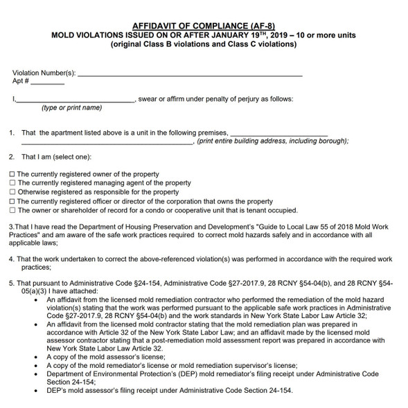 AFFIDAVIT OF COMPLIANCE  HPD NYC FORM AF-8 Signage AFFIDAVIT OF COMPLIANCE  HPD NYC FORM AF-8 Signage
