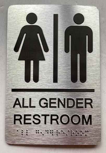 ALL GENDER RESTROOM SIGNAGE with Raised letters/Image & Grade 2 Braille - Includes Red Adhesive pad for Easy Installation ALL GENDER RESTROOM SIGNAGE with Raised letters/Image & Grade 2 Braille - Includes Red Adhesive pad for Easy Installation