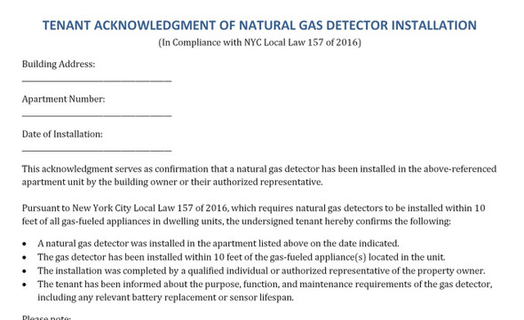 Natural Gas Detector Installation LL157 Tenant Acknowledgment Natural Gas Detector Installation LL157 Tenant Acknowledgment