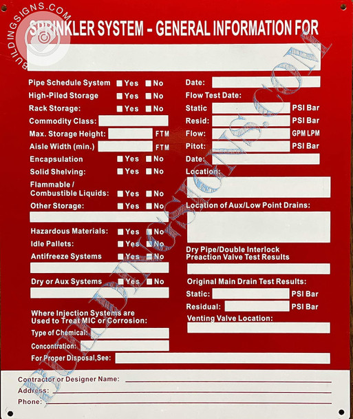 Sprinkler System General Information Sign