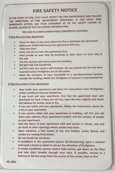 HPD"Fire Safety Notice" Sign- Fire Proof Building