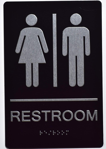 RESTROOM SIGN Tactile Graphics Grade 2 Braille Text with raised letters, Material: Aluminum, Safety Sign for Office, school Hospital, brush BLACK