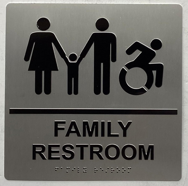 FAMILY RESTROOM ACCESSIBLE SIGN Raised letters , Raised Image & Grade 2 Braille - Includes Red Adhesive pad for Easy Installation