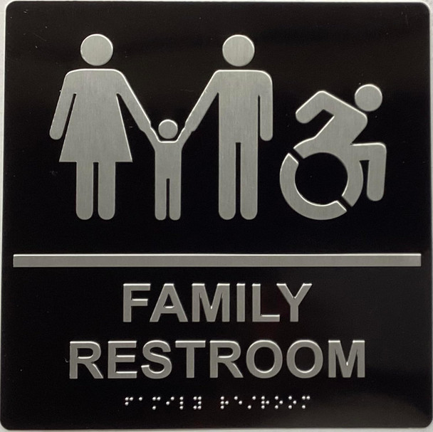 FAMILY RESTROOM SIGN Raised letters & Grade 2 Braille - Includes Red Adhesive pad for Easy Installation