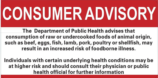 Restaurant Consumer Advisory Sign Restaurant Consumer Advisory Sign