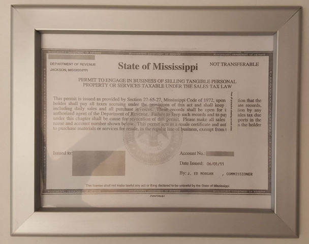 Business License Certificate Frame state of Mississippi
