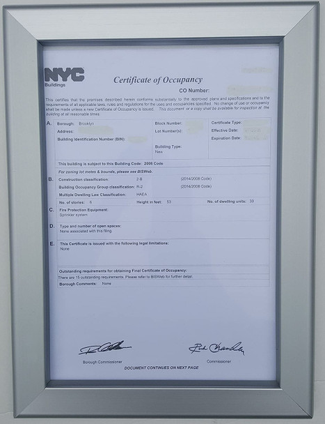 Certificate of Occupancy Frame 8.5 x 11 Certificate of Occupancy Frame 8.5 x 11