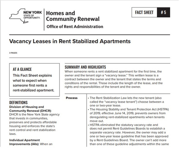 Fact Sheet #5: Vacancy Leases in Rent Stabilized Apartments Fact Sheet #5: Vacancy Leases in Rent Stabilized Apartments