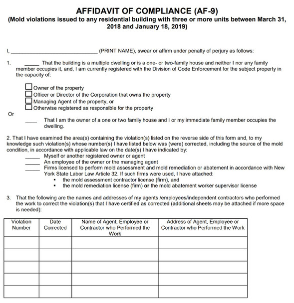 AFFIDAVIT OF COMPLIANCE  HPD NYC FORM AF-9 AFFIDAVIT OF COMPLIANCE  HPD NYC FORM AF-9