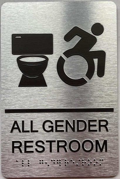 ALL GENDER RESTROOM ACCESSIBLE W SYMBOL sign with Raised letters/Image & Grade 2 Braille - Includes Red Adhesive pad for Easy Installation