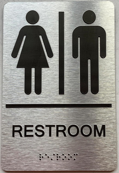 Restroom/Unisex ADA Compliant sign with Raised letters/Image & Grade 2 Braille - Includes Red Adhesive pad for Easy Installation Restroom/Unisex ADA Compliant sign with Raised letters/Image & Grade 2 Braille - Includes Red Adhesive pad for Easy Installation