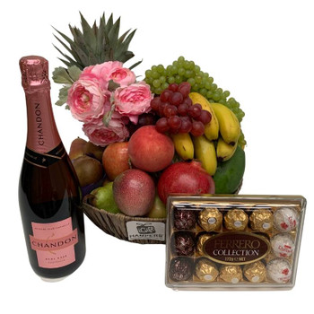 Valentines Day Gift | Peony Pink Silk Flowers + Chocolates + Chandon