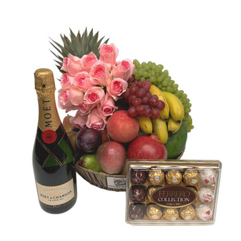 Fruit Basket | Pink Roses Buds Silk Flowers + Chocolates + Moet