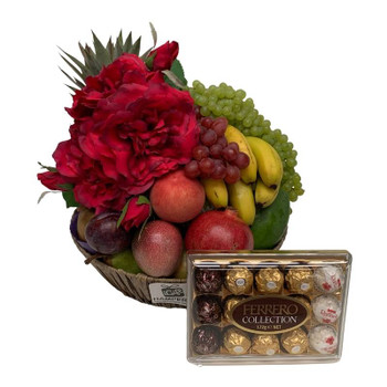 Fruit Basket | Red Wild Rose Bouquet Silk Flowers + Chocolates