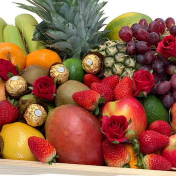 Fruit Hamper with Silk Red Roses and Ferrero Chocolates