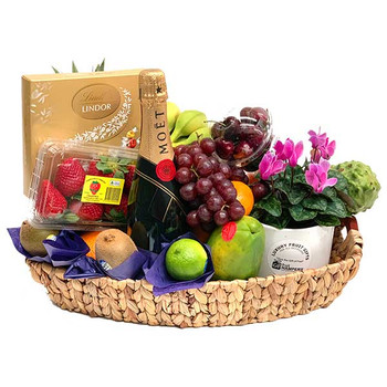 Luxury Fruit Basket - Champagne Gift + Chocolates + Flowering Plant