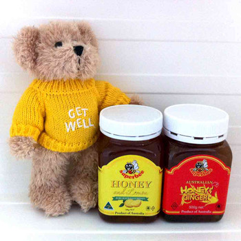 Get Well Soon Gifts | Get Well Message Bear + Honey & Lemon 500g + Honey & Ginger 500g
