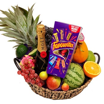Champagne Fruit Basket with Chocolate Favourites Champagne Fruit Basket with Chocolate Favourites