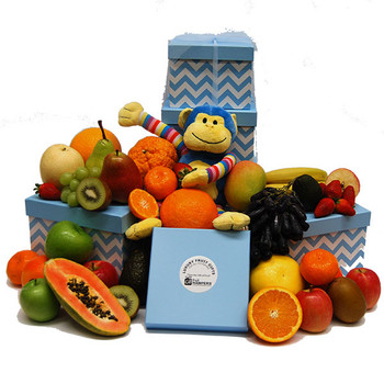 Baby Gift Idea - Blue Monkey Tower with Fresh Fruits