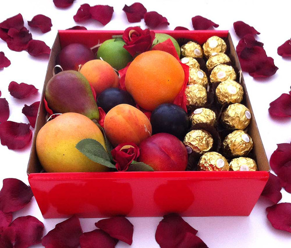 Fruit Hamper with Chocolates & Silk Red Roses