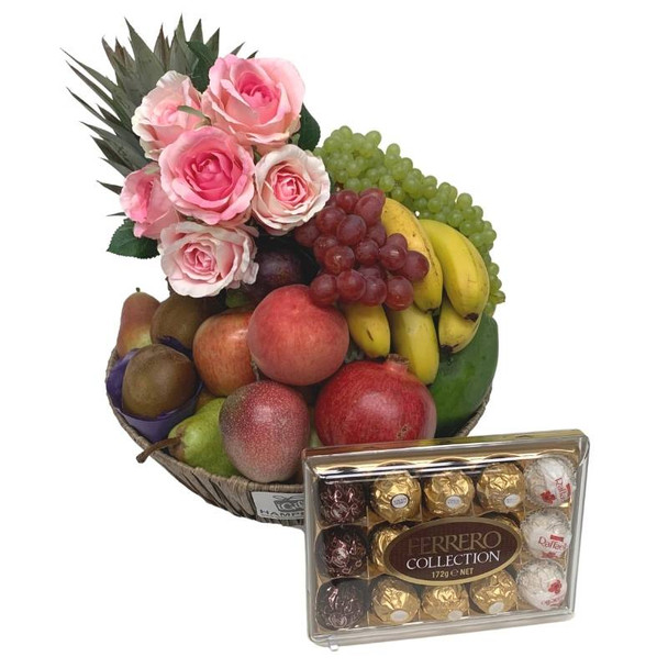 Fruit Basket | Pink Rose Bouquet Silk Flowers + Chocolates