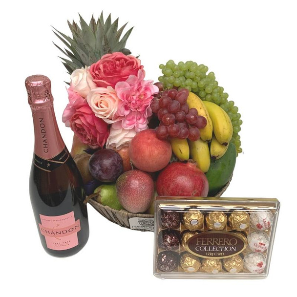 Christmas Gifts For Her Australia | Fruit Basket | Pink Dahlia & Cabbage Rose Silk Flowers + Chocolates + Chandon Rose