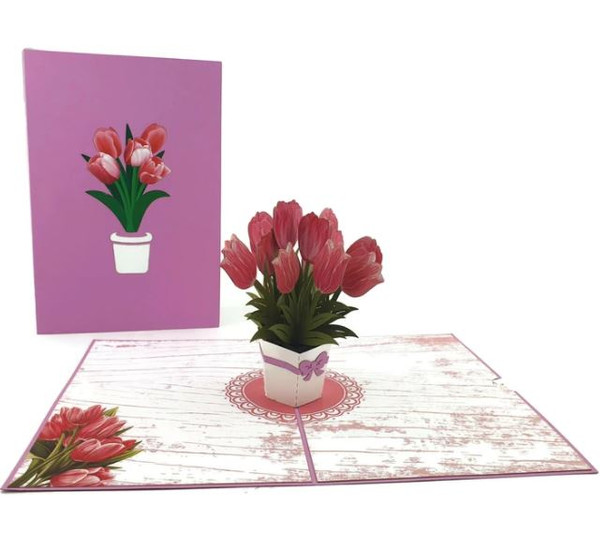 Pink Flowers Bouquet of Tulips, pop up card