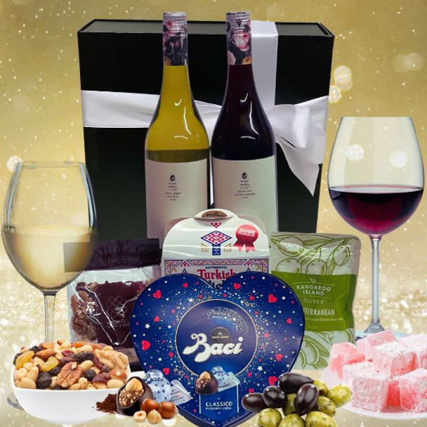 Deluxe Wine and Gourmet Hamper - Red and White Wines with Decadent Treats