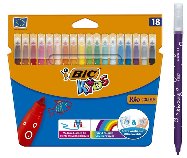 BIC Kids Couleur Felt Tip Colouring Pens Medium Point - Assorted Colours, Pack of 18 Markers