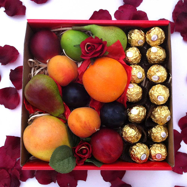 Fruit Chocolate Hamper with Silk Red Roses