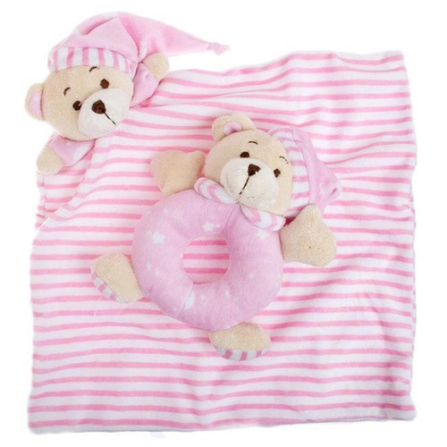 Sleepytime Teddy Bear Rattle and Cuddle Baby Rug Pink