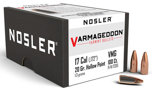 Nosler 17205 Varmageddon 17Cal 20gr Flat Base Hollow Point 100/Box [DS]