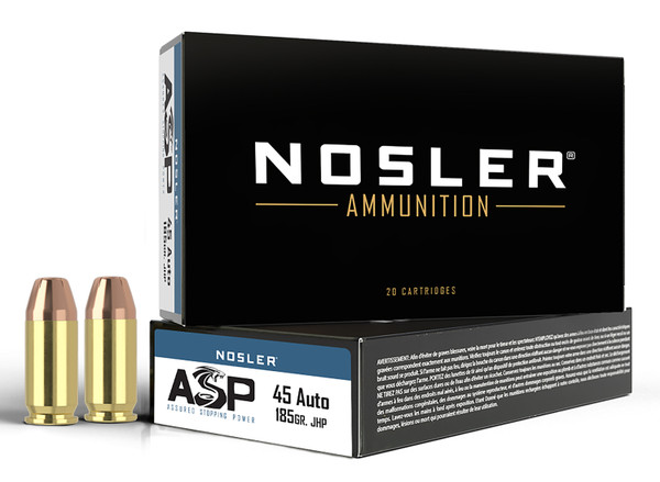 Nosler 51271 Assured Stopping Power Handgun 45ACP 185gr Jacketed Hollow Point 50 Per Box [DS]