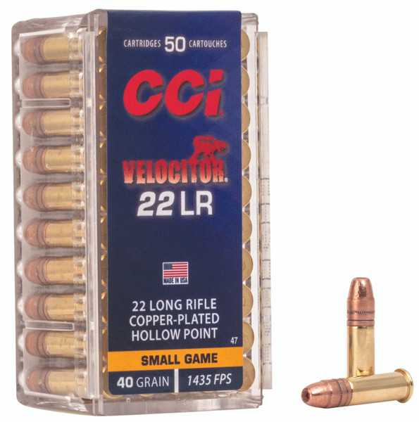 CCI 0047 Velocitor Rimfire 22LR 40gr Copper Plated Hollow Point 50 Per Box [DS]