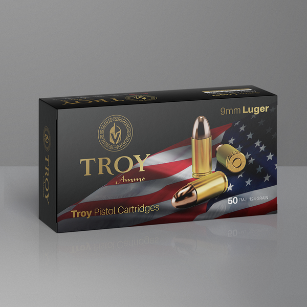 Troy 9mm Luger 124 Grain Full Metal Jacket – 50 Rounds (Box) YTR9MMFMJ