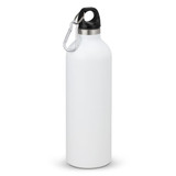 A drink bottle in matte white with a black cap and a metal carabiner attachment; features a logo.