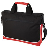 A black and red laptop bag with dual handles, a detachable shoulder strap, and a zipped front pocket.
