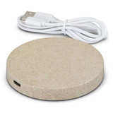 A round, beige wireless charger with a USB cable. It features a branding logo on the surface.